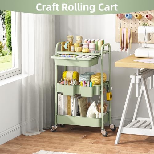 KINGRACK 3 Tier Metal Rolling Cart with Drawer, Green Utility Storage Cart - Image 7
