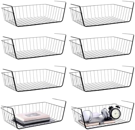 8 Pack Hanging Under Shelf Storage Basket, Steel Hanging Wire Rack Storage Baskets, Slide-in Baskets Organizer for Kitchen Cabinet Desk Organizer Storage, Space Saving, 16"D x 9"W x 5.9"H by Unknown