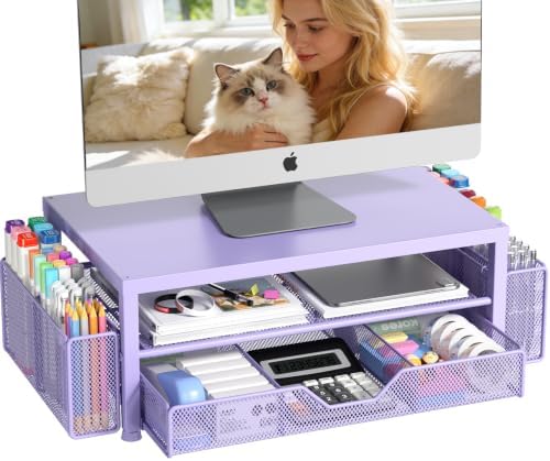 OPNICE Desk Organizers and Accessories, Computer Monitor Stand Riser with Drawer and 2 Pen Holders, Printer & Laptop Stand, Office Desk Accessories & Workspace Organizers for Home Office Supplies, Metal Purple by OPNICE