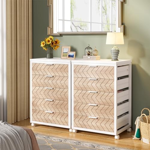 Tribesigns 5-Drawer File Cabinet, Wood Mobile Storage Unit, Beige & White - Image 4
