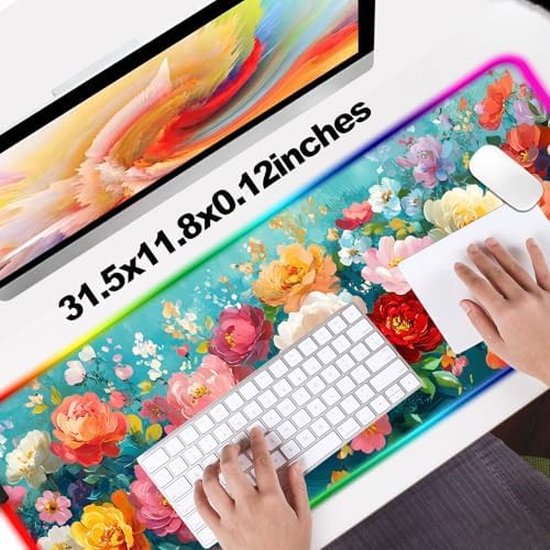 RGB Colorful Flower Peony Gaming Desk Mat & Floral Mouse Pad, XL - Image 5
