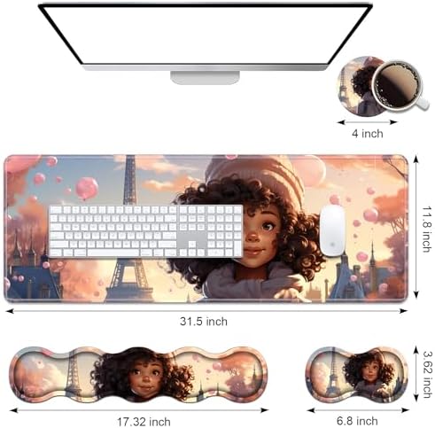 Ergonomic Keyboard Wrist Rest & Mouse Pad Wrist Rest Set, Large XXL Gaming Desk Mat 31.5"x 11.8" with Memory Foam, Easy Typing Pain Relief for Office & Home, Cute African American Girl - Image 2