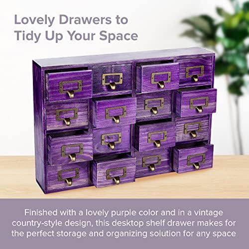 Purple 16-Slot Wooden Drawer Unit - Country Style Desk Organizer Box - 20"x3.6”x14” Wooden Storage Box w/ 16 Drawers - Countertop Drawers w/Label Holder & Handle - Slim 4-Level Organizer - Image 3