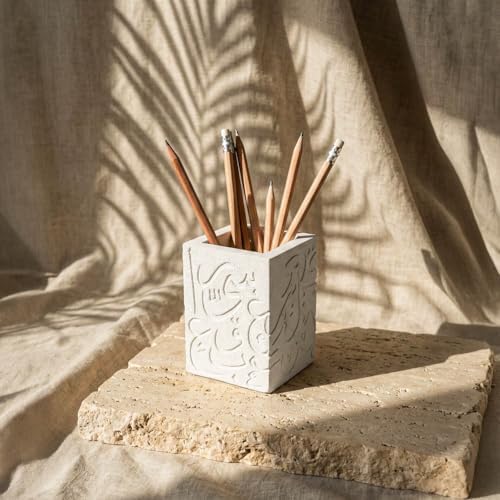 Stone Cast Arabic Calligraphy Pen Organizer - Artistic Mixed Letter Design Pencil Cup Holder - 3.5 x 3.5 x 4.7 inches Desktop Stationery Cup - Unique Decorative Office Decor for Home & Studio by iwaconcept