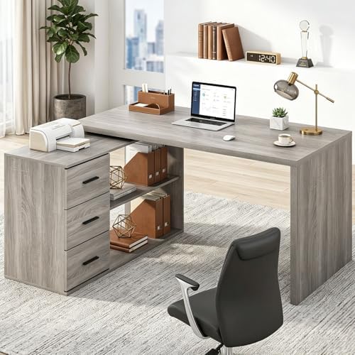HSH Grey L Shaped Computer Corner Desk with 3 Storage Drawers 55 inch by HOMESWEETHOME