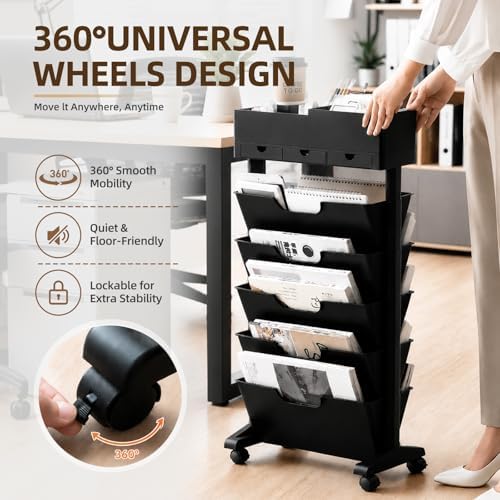 5 Tier Rolling Book Cart Multi-Functional Movable Storage Bookshelves - Image 4