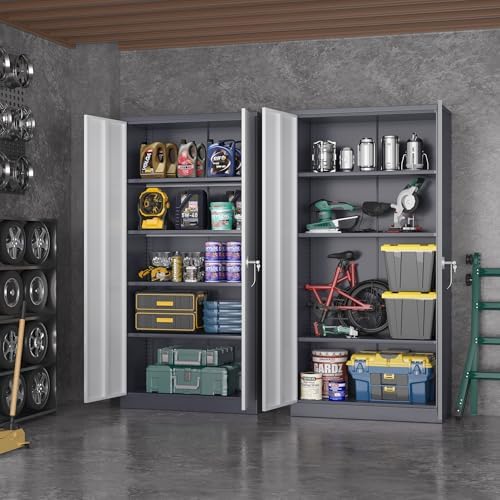 Greenvelly Metal Garage Storage Cabinet, Locking Steel Cabinet with 2 Doors and 4 Adjustable Shelves, Metal Tool Cabinets, Lockable File Cabinet for Home Office, Garage, School (Gray White) - Image 2