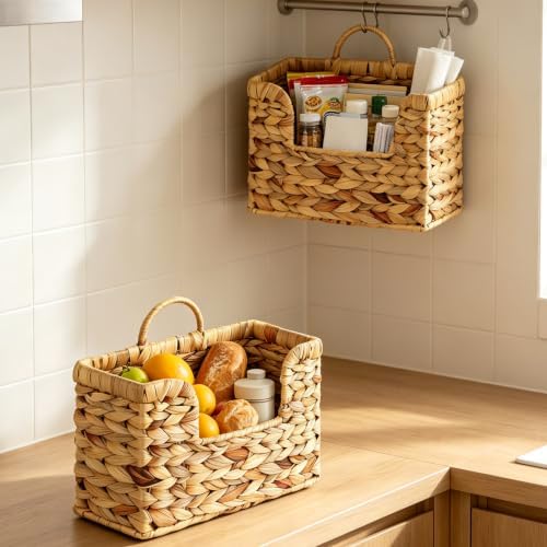 2 Pcs Hanging Magazine Basket, Woven Wall Mail Holder Organizer with Handle - Image 2