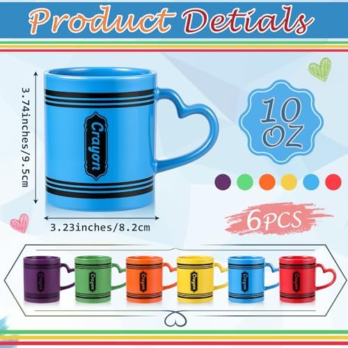 Pickmesh Back to School Teacher Gifts, Set of 6 Crayon Mugs, 10 oz Ceramic Crayon Shaped Coffee Cups with Heart Handles, Colorful Teacher Appreciation Gifts for Classroom, Preschool and Daycare - Image 2