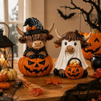 Karenhi 2 Pcs Halloween Highland Cows Figurines Resin, Pumpkin Decor by Karenhi