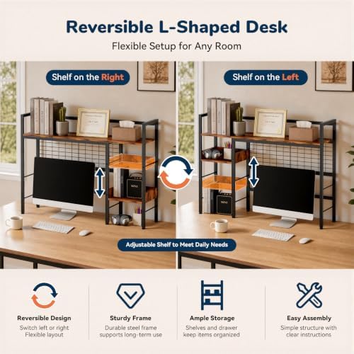 Desk Shelf, 38.6" Desk Hutch with Pegboard Hooks Set, Rustic Brown - Image 3