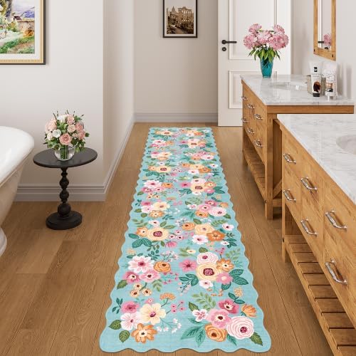 DUKINO 2x14 Hallway Runner Rug, Floral Washable Kitchen Runner Rug, Teal - Image 5