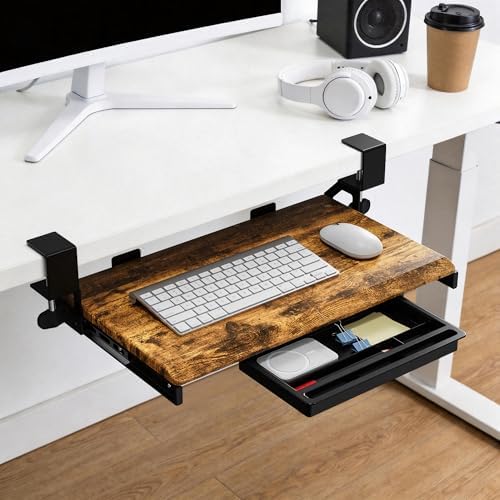 ETHU Small Keyboard Tray Under Desk with Metal Rail, 19.7x11.8", Walnut - Image 3