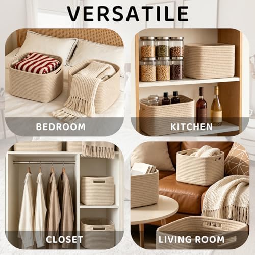 4 Pack Storage Baskets for Organizing, 11''Lx9''Wx8''H Woven Baskets for Storage Toys, Towels, Books, and Clothes, Cotton Rope Basket for Shelves with Handle Brown - Image 3