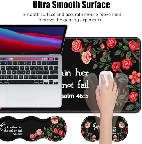 4 in 1 Ergonomic Memory Foam Mouse Pad Wrist Rest Set, Large XXL Gaming Desk Pad + Keyboard Wrist Rest + Mouse Wrist Cushion + Coaster for Home Office Study Gaming, Floral Quote Bible Verse Psalm 46:5 - Image 3