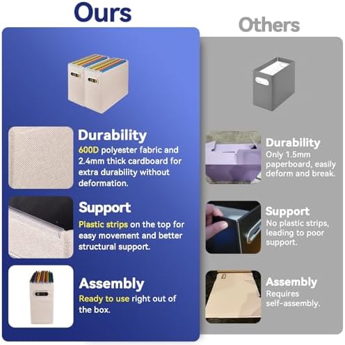 4 Pack Letter Size File Storage Box Collapsible, Fabric Hanging File Folders Organizer, Portable Office Document Holder with Metal Handle, Smooth PVC Rails, Beige - Image 5