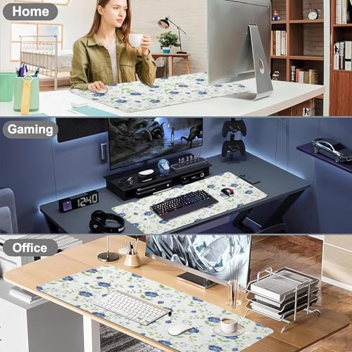Blue Floral with Butterflies Office Desk Mat 31.5" x 15.7" Desktop Mat PU Leather Large Mouse Pad White Mousepad Non-Slip Table Mat for Girls, Women, Home, Work, Computer, and Gaming - Image 6