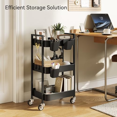 Nunsino 3 Tier Rolling Cart,Utility Cart with Locking Wheels, Hanging Cups & Hooks, Heavy Duty Metal Storage Organizer Cart for Kitchen,Office, Bathroom,Craft Room,Black - Image 3