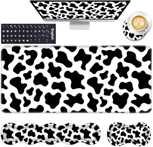 Keyboard Wrist Rest and Mouse Pad with Wrist Support Set Ergonomic Coaster,Memory Foam,Easy Typing Pain Relief,Large XL Desk Mat 31.5"x 11.8",Cow Print by CICPLKSE
