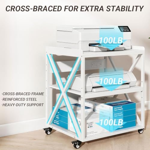 Natwind 3 Tier Printer Stand, 27.6" W x 19.7" D Large Printer Cart,White - Image 5