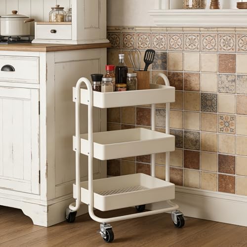 3 Tier Metal Rolling Cart, Utility Storage Cart Shelf Organizer with Wheels for Home & Office, Cream - Image 2