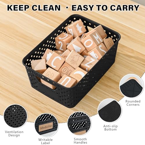 12 Pack Plastic Storage Baskets for Organizing, Storage Baskets for Shelves with Handles, Small Storage Bins with Labels, Classroom Storage Organization for Cabinet,Closet, Office,Black - Image 3