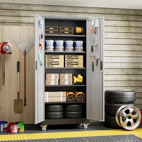 SUXXAN 71" H Metal Garage Storage Cabinet with Wheels,Pegboard,5 Shelves,BG - Image 2