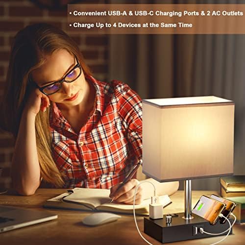 Grey Table Lamp for Bedroom - Stepless Dimmable, USB C+A, 2 AC Outlets - Image 6