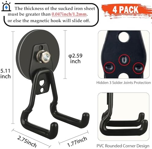 ULIBERMAGNET Upgraded Large Magnetic Hooks,Strong Heavy Duty Magnet Hooks for Power Drill,Broom,Garden Tools,Pegboard,Garage,Workshop,Hardware, 4 Pack Magnet Storage Holder for Hanging(Black) - Image 3