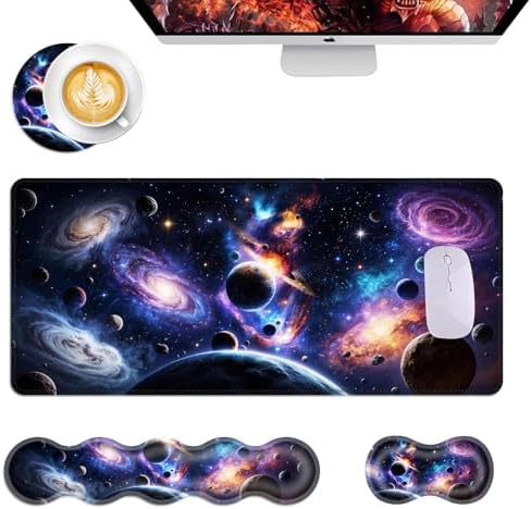 Mouse Pad,Large Desk Mat Set, 4in1 XL Mousepad + Keyboard Wrist Rest+Mouse Wrist Rest+Coaster with Ergonomic Desk Pad for Home Office Table Computer Cover -Planet Sky Star by Unknown
