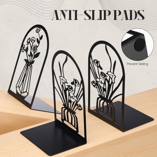 Feifeiya 6 Pairs Decorative Book Ends Metal Bookends for Shelves Black Metal Heavy Duty Book Ends Holder Supports Stoppers for Home Office School, 6.9x4.9x3.5”(Vase) - Image 4