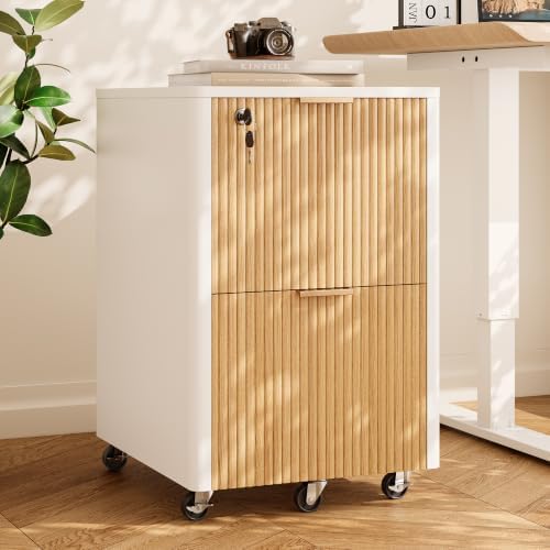 2 Drawers Fluted Mobile File Cabinet with Lock, Rolling File Cabinet Printer Stand Table, Under Desk Wooden Filing Cabinets for Home Office Essentials Storage Organization Furniture Letter/Legal/A4 by INNODToddlerTower