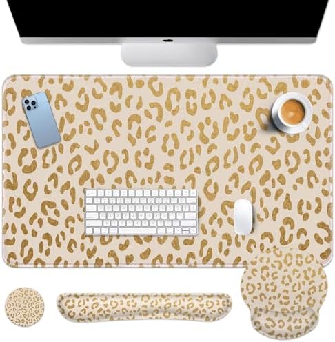 Arttown Keyboard Mouse Pad Set, 4 in 1 Desk Mat Set Leopard Gold by Arttown