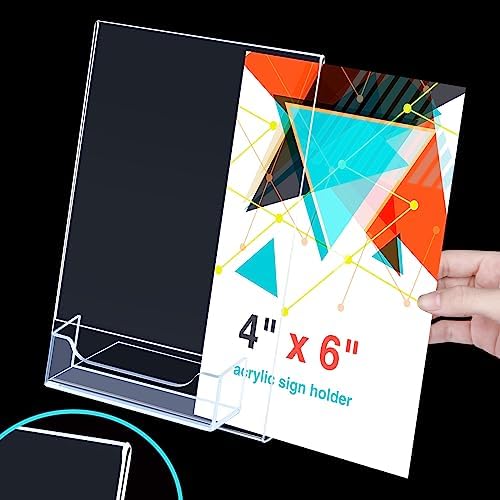 Remerry 12 Pcs Acrylic Sign Holder with Business Card Holder Slanted Paper Stand Clear Brochure Display Stand Heavy Duty Plastic Signs for Office Table Advertisement Flyer (4 x 6 Inch) - Image 4