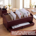 Wood Desktop Organizer with Drawer, 17 Inch 32 Section Bill & Mail & File Organizer Storage for Office Desk, Desktop Mail Holder and Office Supplies Storage, Letter and Paper Sorter(Brown) - Image 5