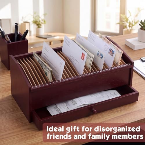 Wood Desktop Organizer with Drawer, 17 Inch 32 Section Bill & Mail & File Organizer Storage for Office Desk, Desktop Mail Holder and Office Supplies Storage, Letter and Paper Sorter(Brown) - Image 5