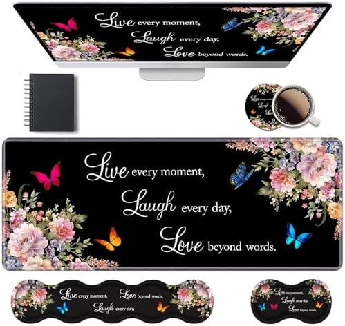 Ergonomic Keyboard Wrist Rest & Mouse Pad Wrist Rest Set, Large XXL Gaming Desk Mat 31.5"x 11.8" with Memory Foam, Easy Typing Pain Relief for Office & Home, Floral Quote Live Laugh Love by Unknown