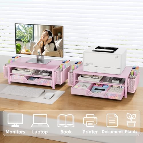 Monitor Stand Riser with Mesh Drawer and 2 Side Pen Holders, Pink Metal Top - Image 5