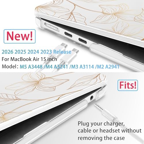 Mektron for 2026/2025/2024/2023 MacBook Air 15 INCH M5 A3448 /M4 A3241 /M3 A3114 /M2 A2941 Case, Printed Plastic Hard Shell Cover with 15.3" Liquid Retina Display Touch ID, Gold Flower S718 - Image 2