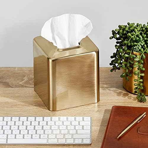 mDesign Metal Square Tissue Box Cover, Modern Facial Paper Holder - Accessories for Bathroom Vanity Countertop, Bedroom Dresser, Night Stand, Desk, Office and End Table - Unity Collection - Soft Brass - Image 4