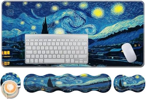 Keyboard Wrist Rest and Mouse Pad Set,31.5x11.8 Inches Desk Mat,Waterproof Non-Slip Ergonomic Wrist Support for Pain Relief,Extended Desk Protector for Office Home Gaming,Starry Night Sky Art by Unknown
