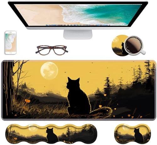 Ergonomic Keyboard Wrist Rest & Mouse Pad Wrist Rest Set, Large XXL Gaming Desk Mat 31.5"x 11.8" with Non-Slip Base, Memory Foam, Easy Typing Pain Relief for Home & Office, Black Cat by Unknown