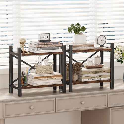 Desktop Bookshelf, 4-Tier Stackable Narrow Bookcase, Adjustable Industrial Desk Organizer & Hutch - Rustic Brown Wood Desktop Book Organizer for Living Room, Bedroom & Home Office - Image 4