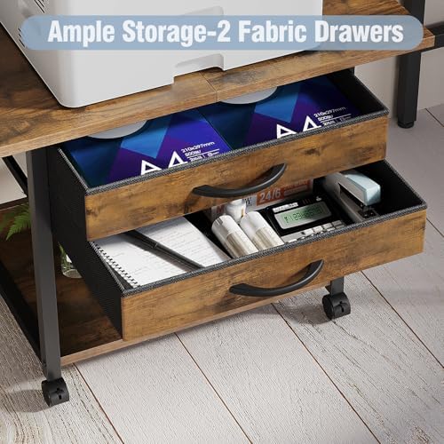 VENNQD Large Printer Stand with Storage Fabric Drawer Under Desk Printer Table with Wheels for Home Office, Printer Cart fit Fax Machine Scanner 23.4"x15.7"(Rustic Brown, 2 Tiers) - Image 4