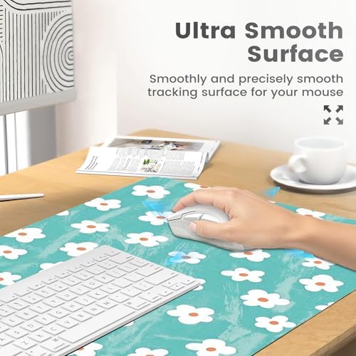 Turquoise Daisy Office Desk Mat 31.5" x 15.7" Desktop Mat PU Leather Large Mouse Pad White Mousepad Non-Slip Table Mat for Girls, Women, Home, Work, Computer, and Gaming - Image 4