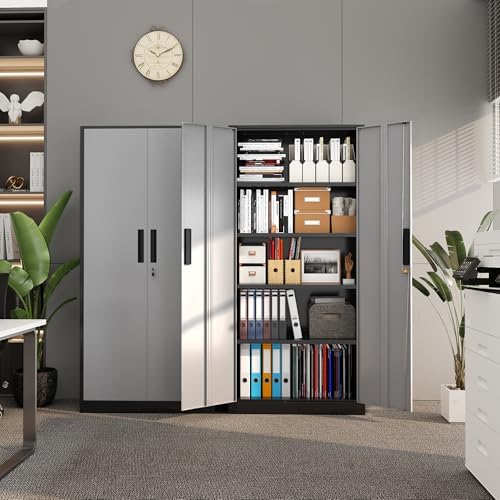 Superday 71" Lockable Steel Storage Cabinet, Locking Metal Storage Cabinets, Tall Black Grey Cabinet with 2 Doors and 4 Adjustable Shelves for Garage, Home Office, Classroom, File, Easy Assemble - Image 2
