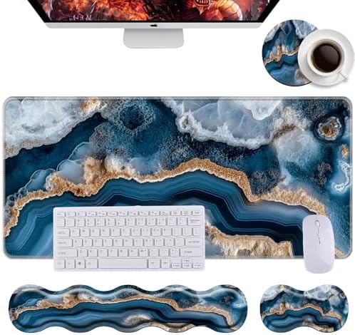 Keyboard Wrist Rest+Mouse Wrist Pad+Desk Pad Set,Memory Foam Ergonomic Easy Typing Pain Relief for Computer Laptop Office Home - Blue Marble by DSRGRGFDJ