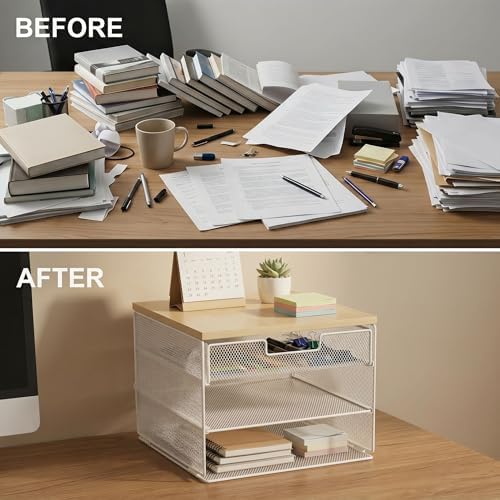 4-Tier Mesh Desk Organizer and Accessories with Drawer Wooden Top Desktop Organizers Letter Tray Paper Organizer File Holder for Home Office School White - Image 4