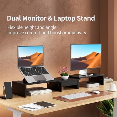 AFOOYO 43.3 Inch Dual Monitor Stand with Laptop Tray & Drawer, 5 Height & 4 Angle Adjustable Ergonomic Computer Riser, MDF Desk Shelf for MacBook Dell HP Lenovo 10-17.3" Laptops, Black - Image 2