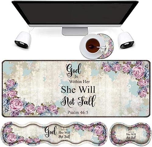 4 in 1 Mouse Pad Combo, Large Gaming Mouse Pad + Keyboard Wrist Support + Mouse Wrist Rest + Coaster, Table Pad with Stitched Edge Memory Foam Ergonomic Wrist Pad Set, Psalm 46:5 Floral by RVHOEZZM